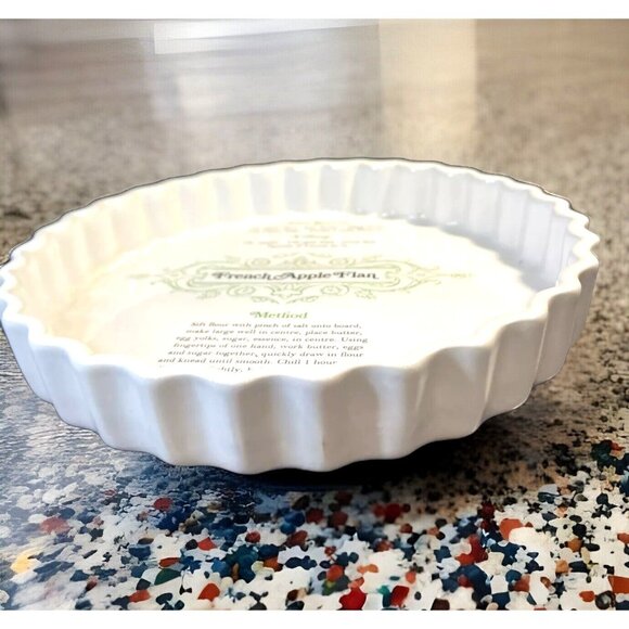 French Apple Flan Pie Dish Recipe Printed Ceramic Baking Plate White Scalloped E - Picture 2 of 3